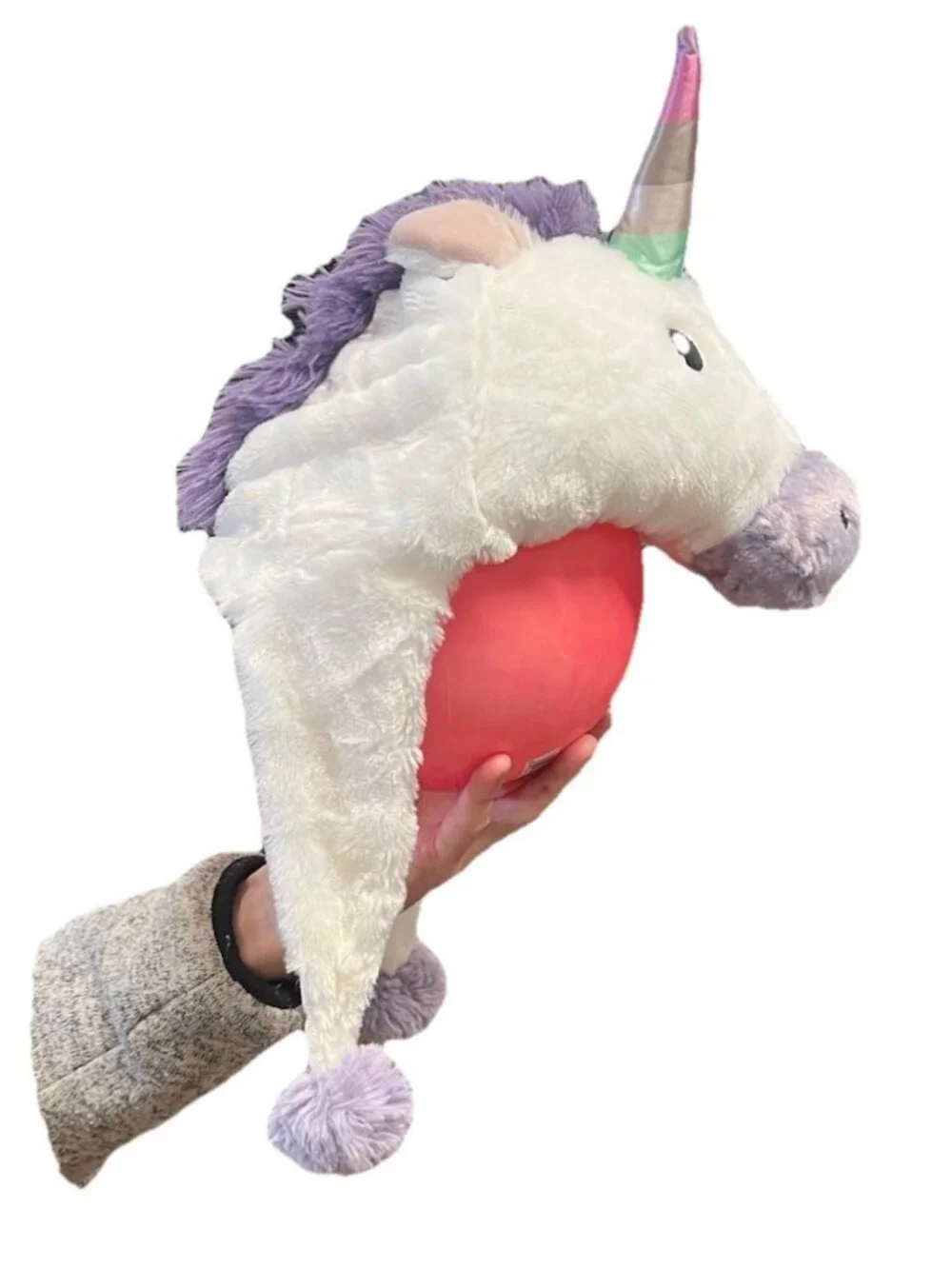 Plush Unicorn Hat with pom-pom ear flaps, whimsical, fun, playful